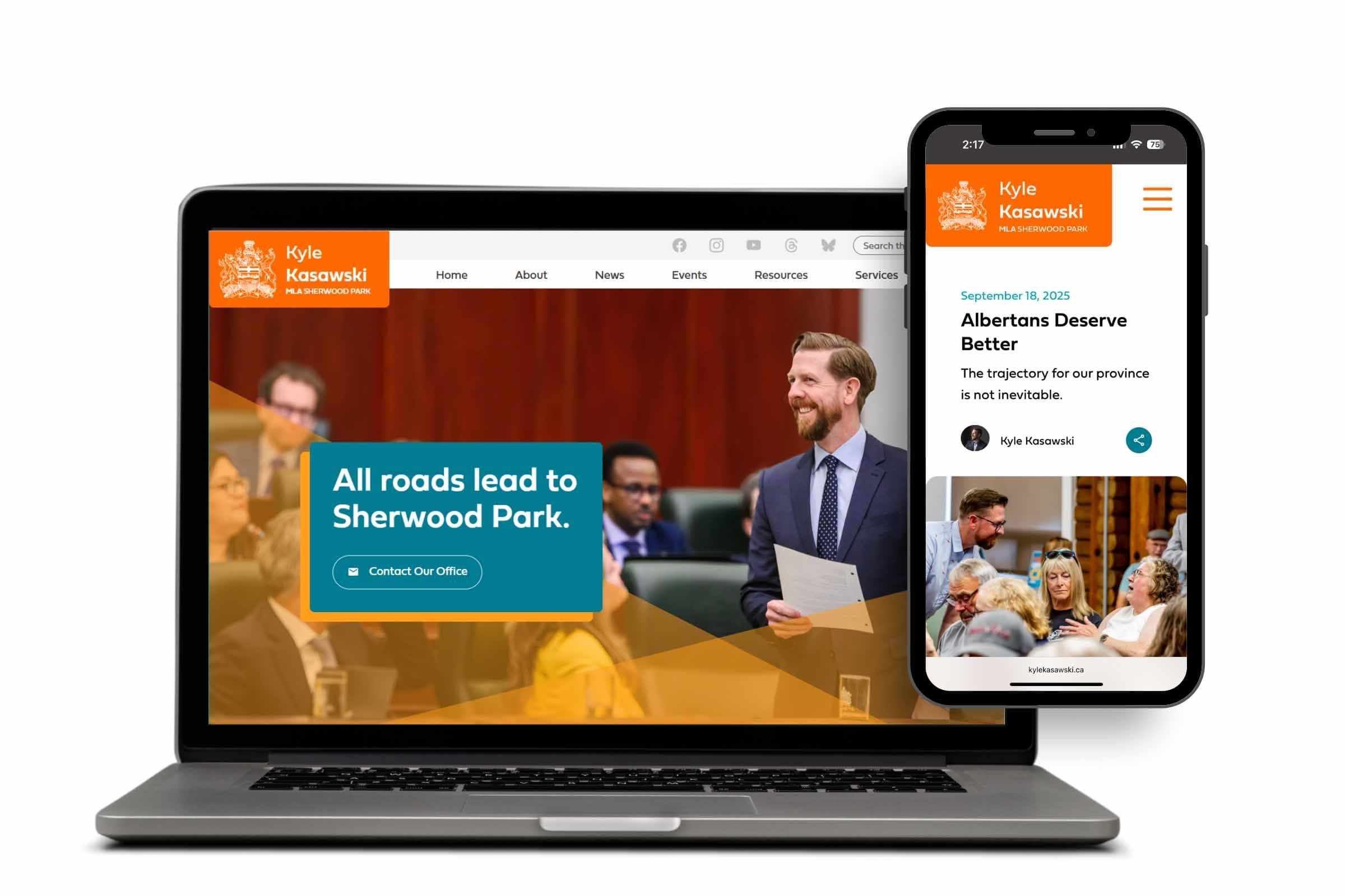 MLA Kyle Kasawski website preview on desktop and mobile.